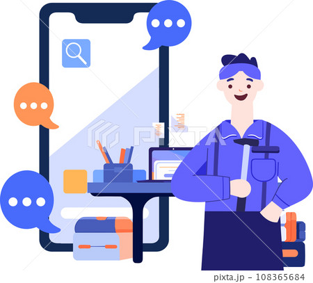 Hand Drawn Engineer or repairman character with smartphone in online repair concept in flat style Hand Drawn Engineer or repairman character with smartphone in online repair concept in flat style 108365684