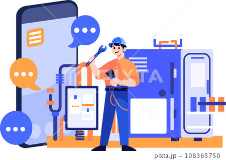 Hand Drawn Engineer or repairman character with smartphone in online repair concept in flat style 108365750
