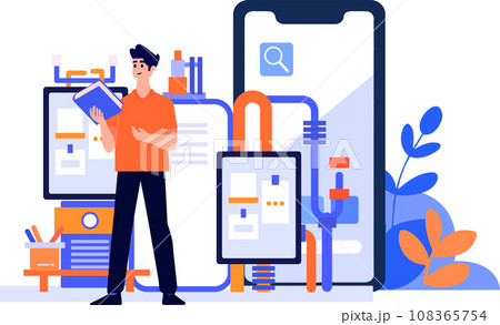 Hand Drawn Engineer or repairman character with smartphone in online repair concept in flat style 108365754