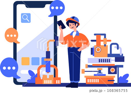 Hand Drawn Engineer or repairman character with smartphone in online repair concept in flat style 108365755