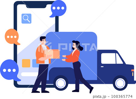 Hand Drawn Delivery man character with truck In the concept of online delivery in flat style Hand Drawn Delivery man character with truck In the concept of online delivery in flat style 108365774