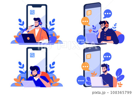 Hand Drawn Call center characters with smartphones in the concept of online support in flat style Hand Drawn Call center characters with smartphones in the concept of online support in flat style 108365799