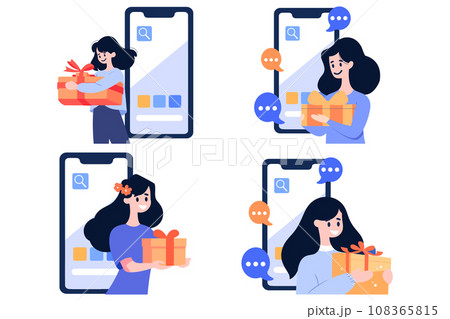 Hand Drawn Female character holding a gift with smartphone in online shopping concept in flat style Hand Drawn Female character holding a gift with smartphone in online shopping concept in flat style 108365815