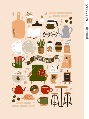 カフェとコーヒーのかわいいイラスト素材セット カフェとコーヒーのかわいいイラスト素材セット 108366685