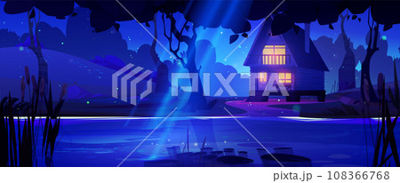 Wooden hut on shore of lake in forest 108366768