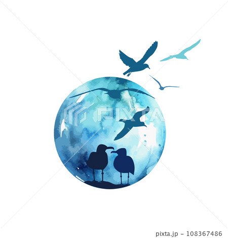 Watercolor blue seagulls on the sea. hand drawing. Not AI, seagull logo in a circle. Vector illustration 108367486