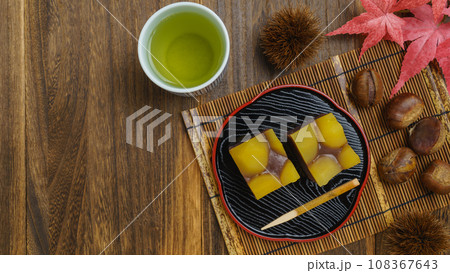 栗蒸し羊羹・秋の和菓子と緑茶 108367643