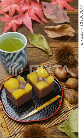 栗蒸し羊羹・秋の和菓子と緑茶 栗蒸し羊羹・秋の和菓子と緑茶 108367647