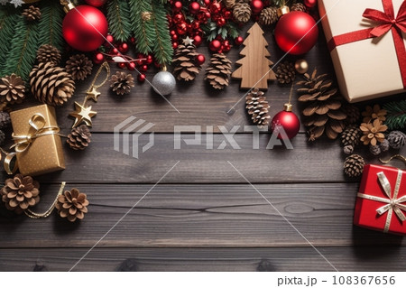 Christmas background with decorations and gift boxes on a wooden board Christmas background with decorations and gift boxes on a wooden board 108367656