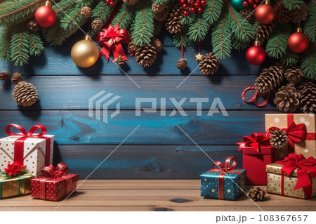 Christmas background with decorations and gift boxes on a wooden board Christmas background with decorations and gift boxes on a wooden board 108367657