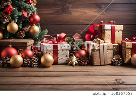 Christmas background with decorations and gift boxes on a wooden board Christmas background with decorations and gift boxes on a wooden board 108367658