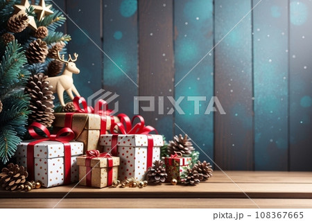 Christmas background with decorations and gift boxes on a wooden board 108367665