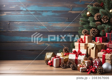Christmas background with decorations and gift boxes on a wooden board Christmas background with decorations and gift boxes on a wooden board 108367666