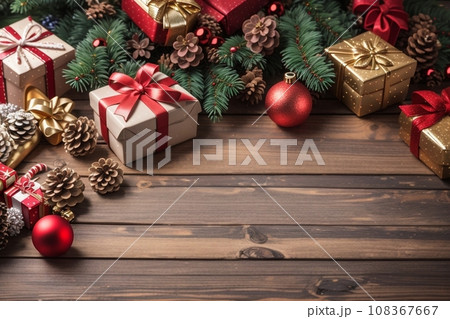 Christmas background with decorations and gift boxes on a wooden board 108367667