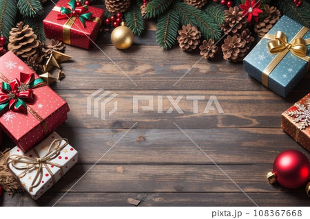 Christmas background with decorations and gift boxes on a wooden board 108367668