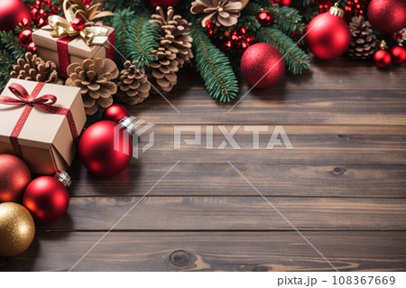 Christmas background with decorations and gift boxes on a wooden board 108367669