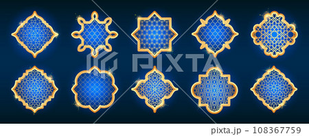 Islamic golden frame shapes set. Ramadan window with ornament. Vector oriental decoration design. Arabian traditional outline elements and signs. 108367759