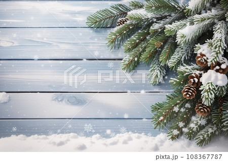 Christmas Wooden Background With Snow Fir Tree. View Christmas Wooden Background With Snow Fir Tree. View 108367787