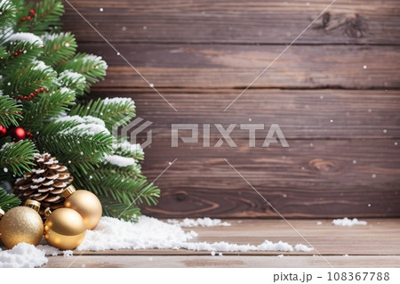 Christmas Wooden Background With Snow Fir Tree. View Christmas Wooden Background With Snow Fir Tree. View 108367788