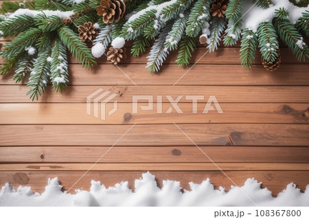 Christmas Wooden Background With Snow Fir Tree. View  108367800