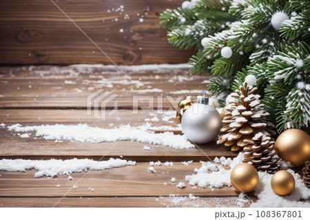 Christmas Wooden Background With Snow Fir Tree. View Christmas Wooden Background With Snow Fir Tree. View 108367801
