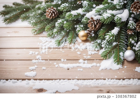 Christmas Wooden Background With Snow Fir Tree. View Christmas Wooden Background With Snow Fir Tree. View 108367802