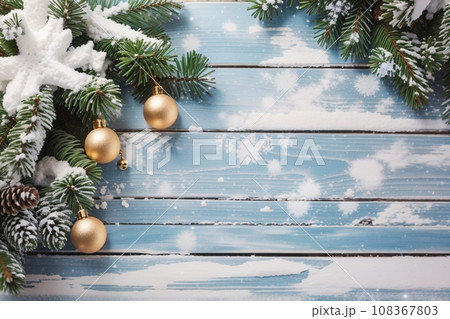 Christmas Wooden Background With Snow Fir Tree. View  108367803