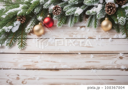 Christmas Wooden Background With Snow Fir Tree. View  108367804