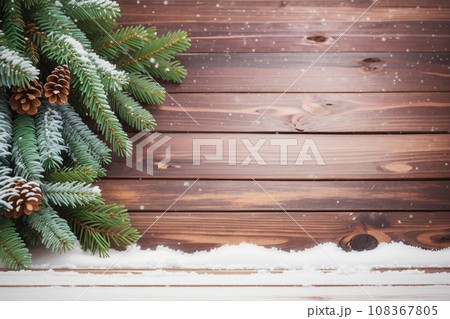 Christmas Wooden Background With Snow Fir Tree. View Christmas Wooden Background With Snow Fir Tree. View 108367805