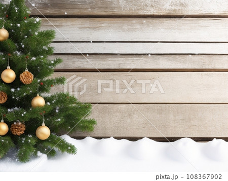 Christmas Wooden Background With Snow Fir Tree. View Christmas Wooden Background With Snow Fir Tree. View 108367902