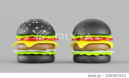 Black burger with white and black sesame 3d render icon set. Fast food, beef hamburger with bread, cheese, tomato, salad, meat, onion. Cartoon cheeseburger isolated on gray background. 3D illustration 108367910