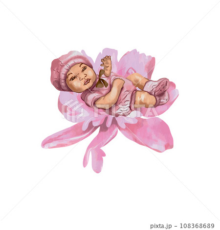 Newborn girl on a pink flower. Vector illustration in watercolor style. Greeting cards, invitations, newborn baby shower, gender party, girl or boy. 108368689