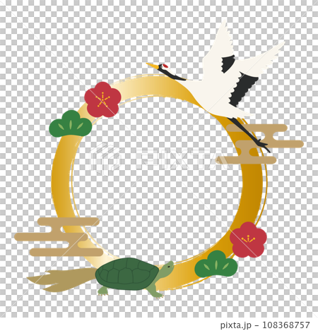 Crane and turtle, brush-style circular frame 108368757