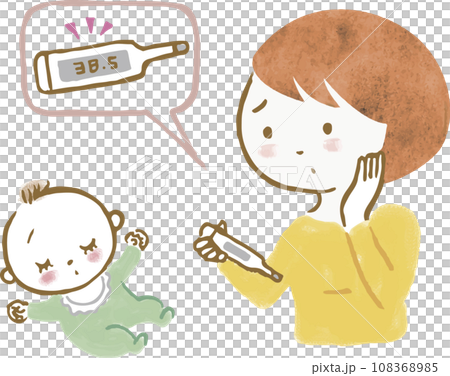 赤ちゃんの熱を測って心配そうなお母さんのイラスト 108368985