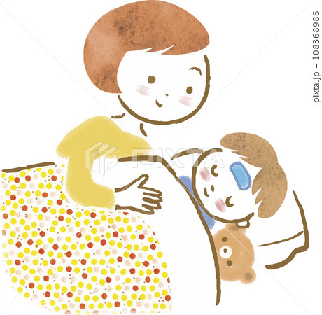 熱が出た子どもの看病をするお母さんのイラスト 熱が出た子どもの看病をするお母さんのイラスト 108368986