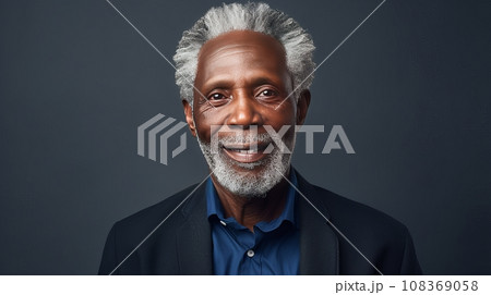 Handsome elegant, elderly African American man, on dark blue, banner, close-up, copy space. 108369058