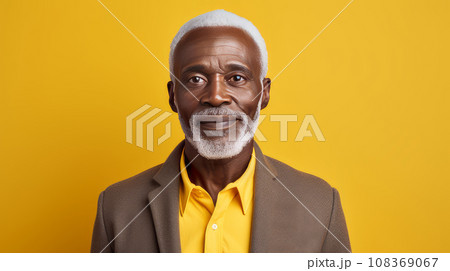 Handsome elegant, elderly African American man on a yellow background, banner, close-up, copy space. 108369067