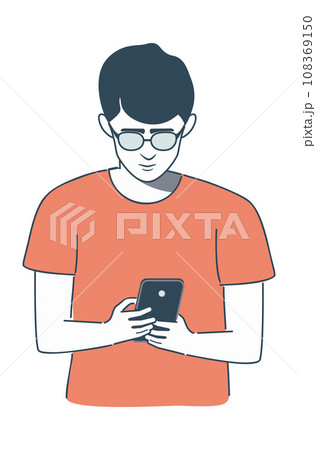Boy in orange shirt read from smartphone screen 108369150