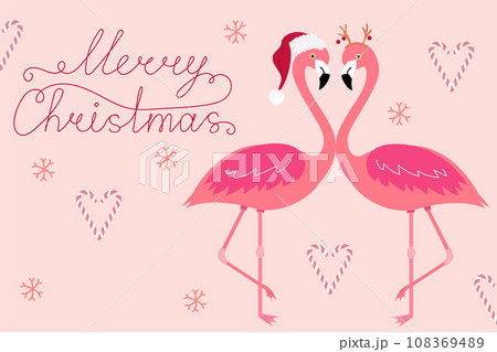 Pink Christmas card with flamingo in love.  108369489