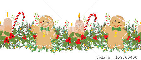 Christmas border with candles, gingerbread decoration ornament. Christmas border with candles, gingerbread decoration ornament. 108369490