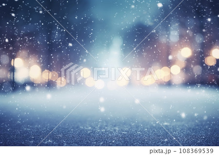 Winter Wonderland Abstract: Blurry Night City Lights in Reflection on Snowy Road 108369539