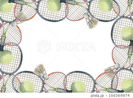Hand drawn watercolor sports gear equipment, tennis badminton ball, racquet, health fitness lifestyle. Illustration isolated border frame on white background. Design poster, print, website, card, shop 108369974