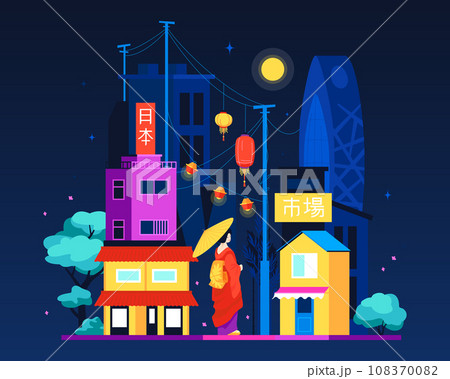 Oriental night street - modern colored vector illustration 108370082