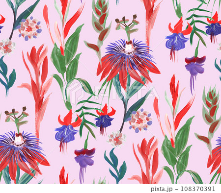 bright seamless pattern with multicolored tropical flowers and leaves bright seamless pattern with multicolored tropical flowers and leaves 108370391