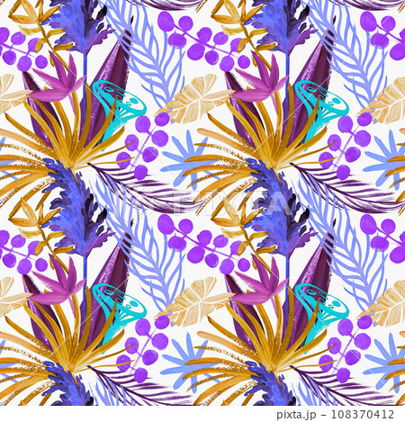 modern bright seamless pattern with tropical palm leaves and colorful dried flowers 108370412