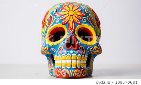 Beautiful and colorful Mexican skull isolated, made of ceramic, and painted by hand. White background. Traditional mexican skull for the Day of the Deads. Beautiful and colorful Mexican skull isolated, made of ceramic, and painted by hand. White background. Traditional mexican skull for the Day of the Deads. 108370681