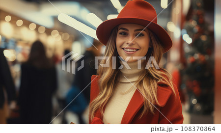 Smiling girl with Christmas gifts in shopping bags in a shopping center. Christmas sale concept Smiling girl with Christmas gifts in shopping bags in a shopping center. Christmas sale concept 108370864
