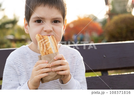 Little boy eating a hotdog while sitting on a bench in the park. Street fast food. 108371816