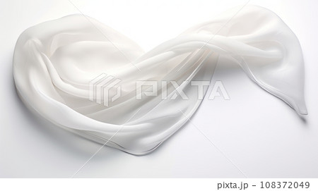 A white silk scarf twisted into an infinity loop on a white background. The scarf has a smooth and shiny texture that reflects light. The image shows the simplicity and elegance of the scarf. A white silk scarf twisted into an infinity loop on a white background. The scarf has a smooth and shiny texture that reflects light. The image shows the simplicity and elegance of the scarf. 108372049