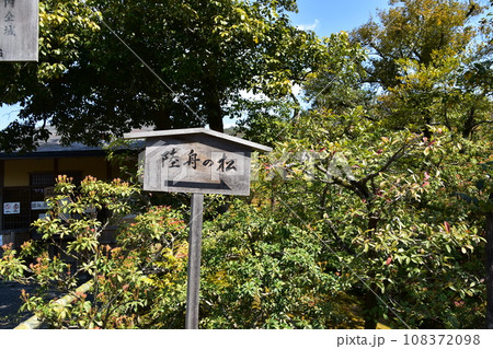 日本の春の京都　世界遺産の金閣寺境内　陸舟の松の案内看板 108372098